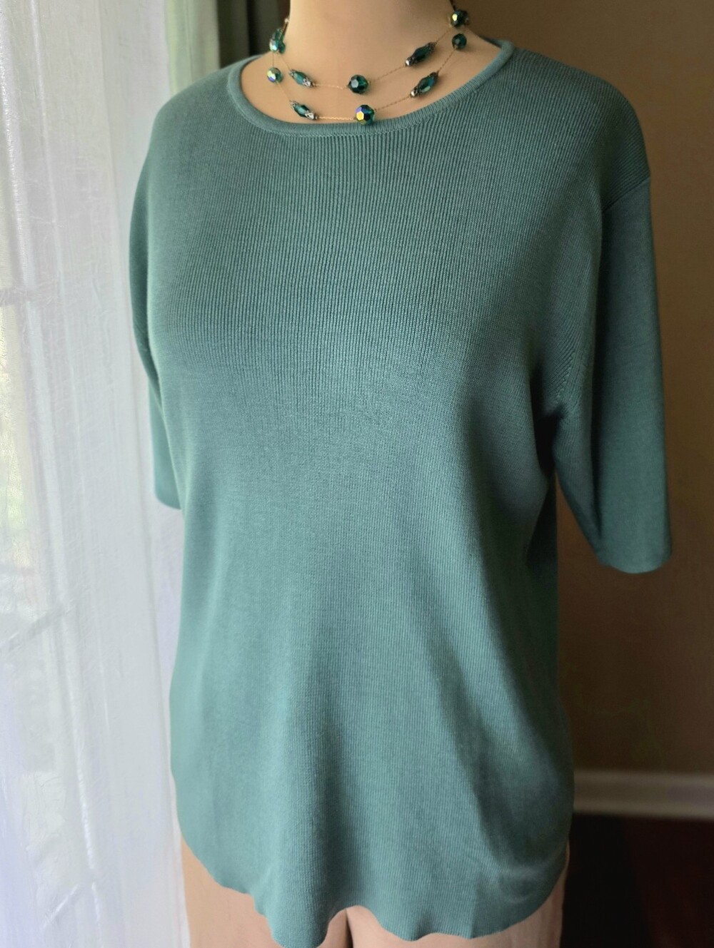 100% Silk Ribbed Sweater Top Seafoam Green Neiman Marcus Studio L Short Sleeve